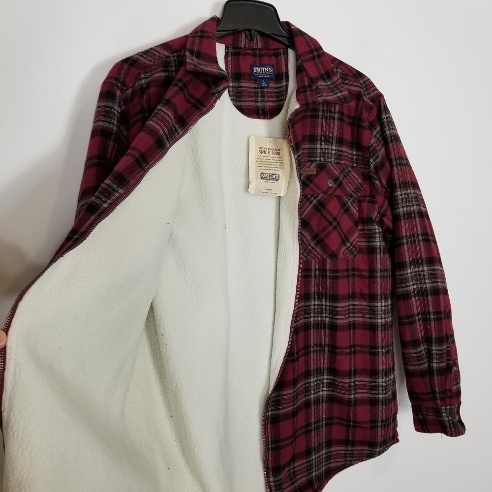 Smith's Workwear Zip-Front Sherpa-Lined‎ Flannel Shirt Jacket Sz L Red Plaid - Picture 11 of 12
